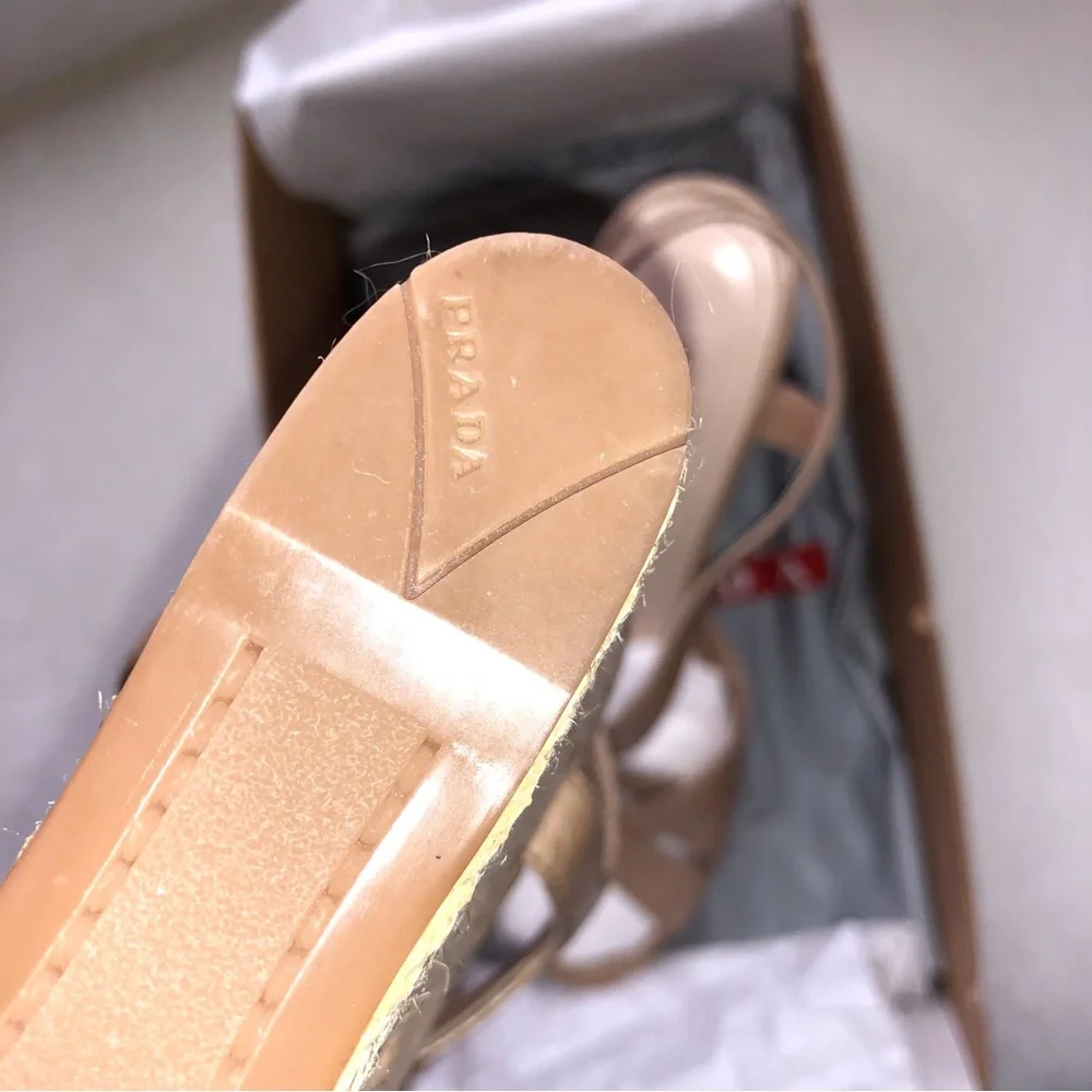 NWT Prada Tan Platform Cork Wedge Sandals New Size 38